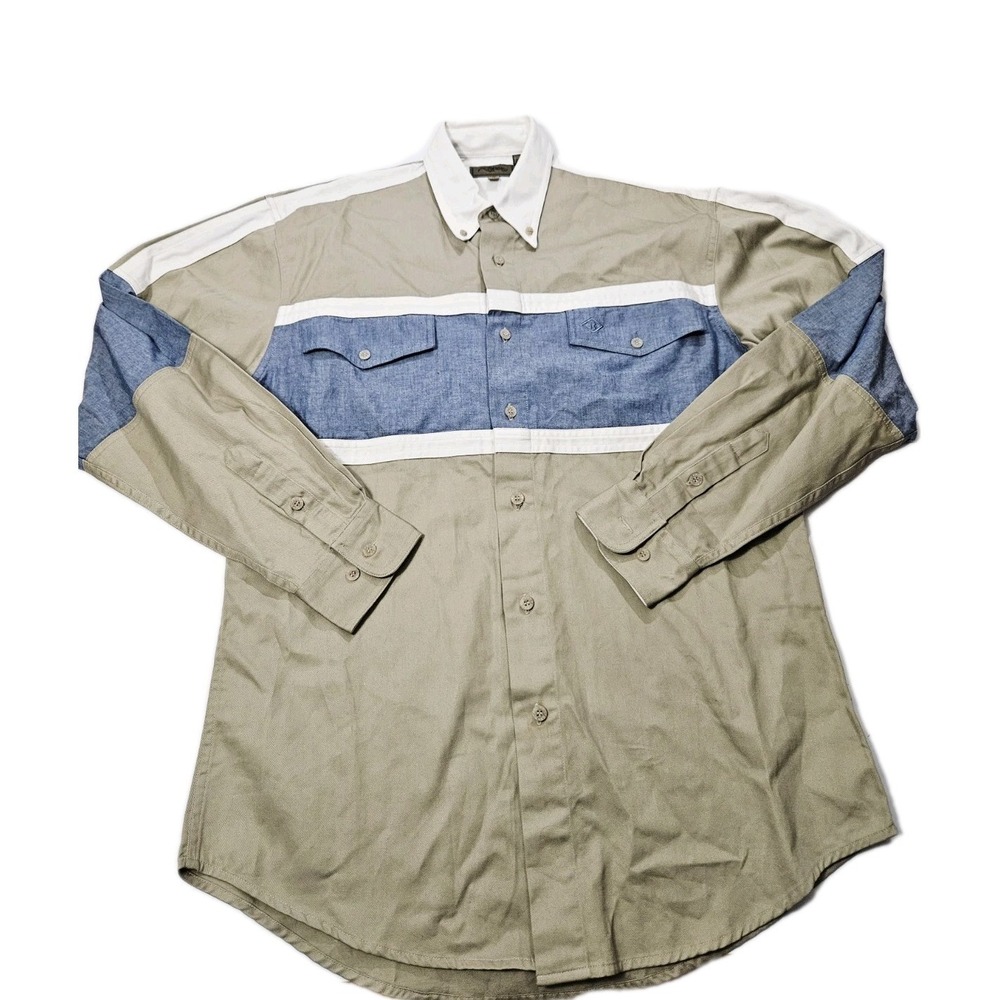 Roper Men's Medium Long Sleeve Button‎ Up Shirt Western Colorblock Denim Khaki